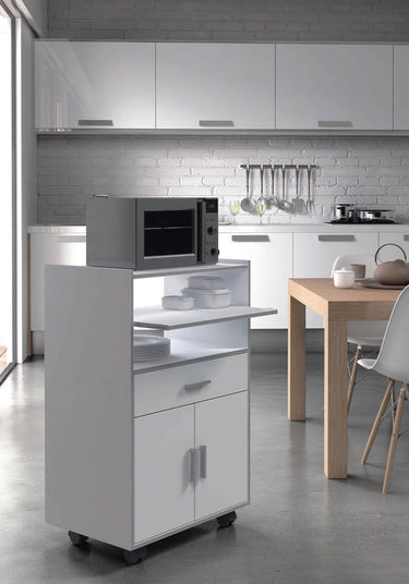 Versatile Zidan White and Grey Kitchen Trolley with Storage and Pull-Out Shelf - UK Luxury Furniture